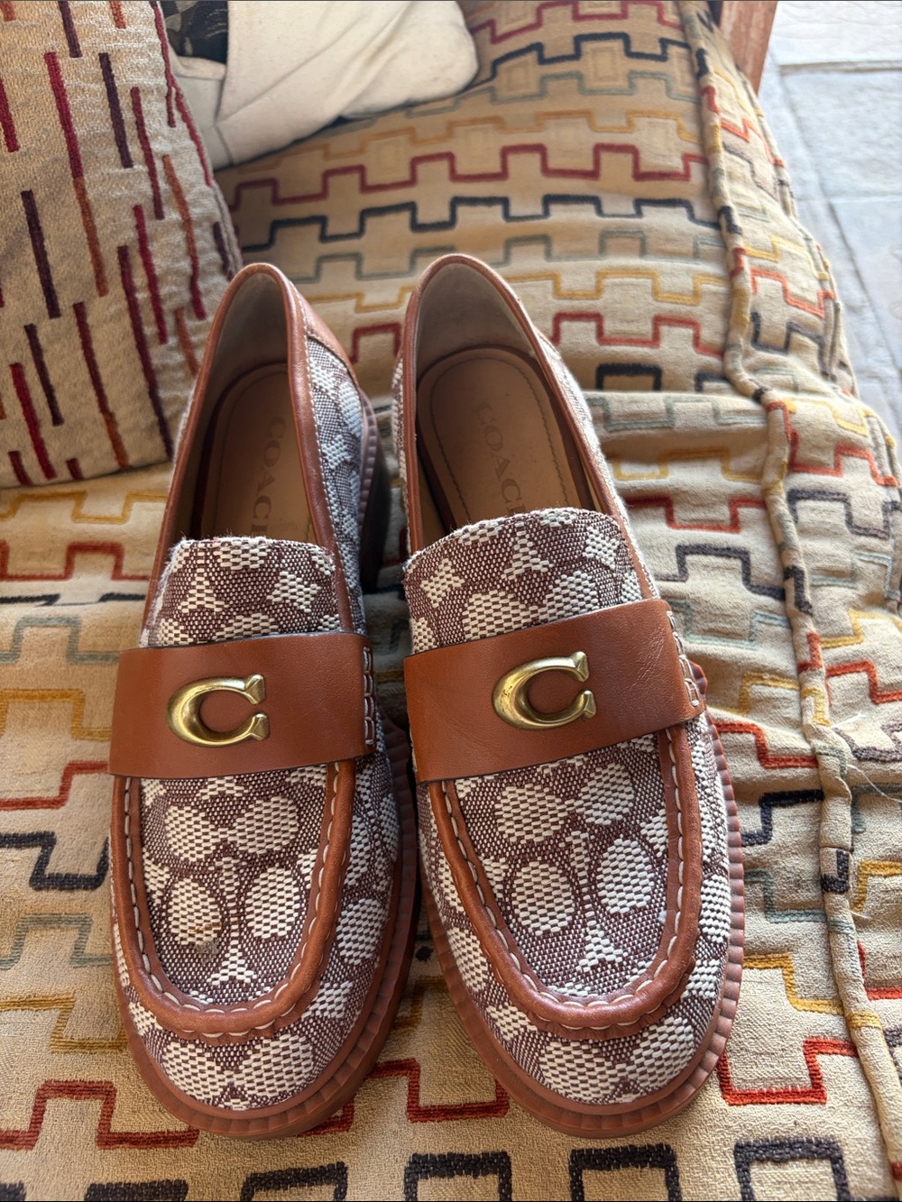Coach Tan & Cream Signature Canvas Loafers with Gold 'C'